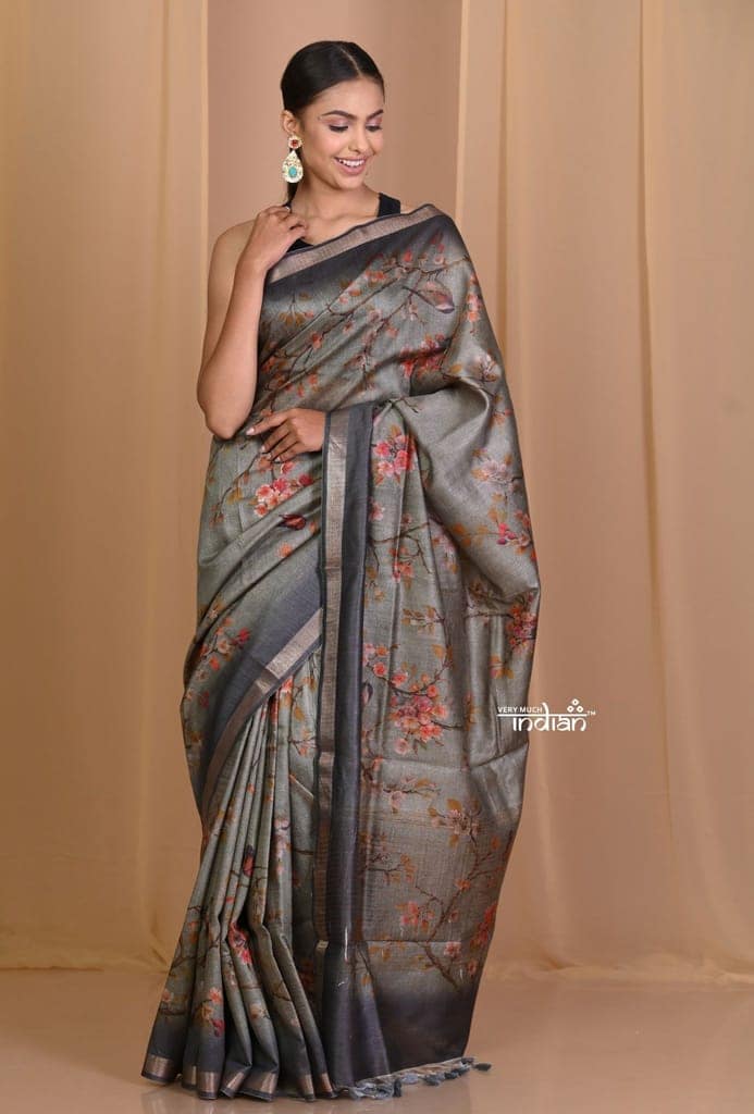 Pehal~ Authentic Silver Stone Grey Moonga Tussar Saree with Sleek Border & Beautiful Floral print.