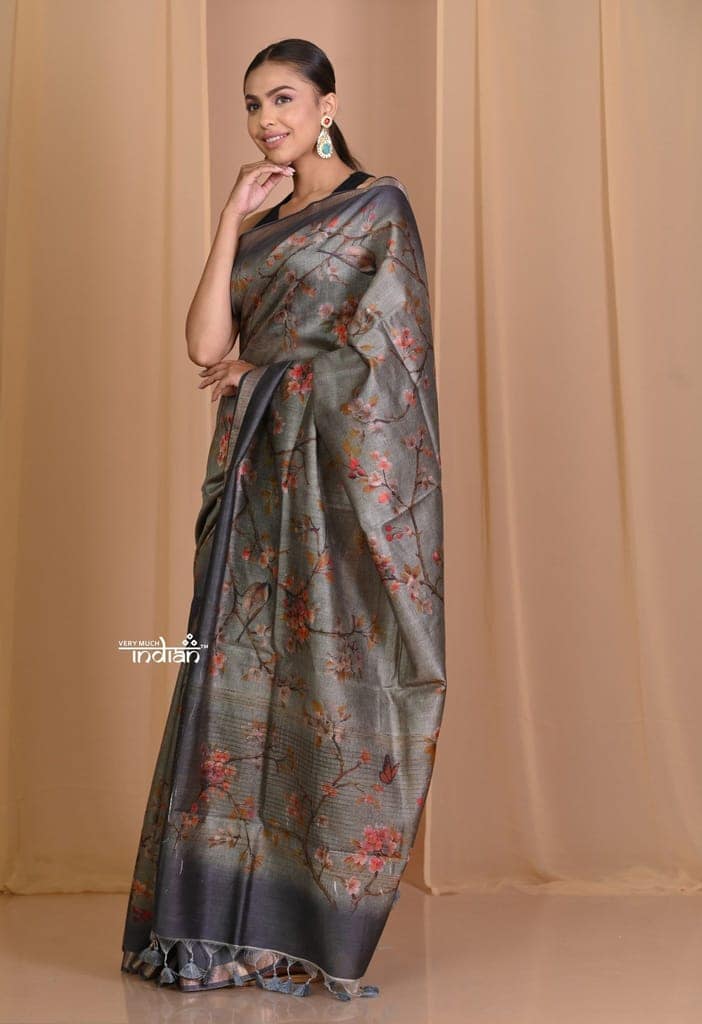 Pehal~ Authentic Silver Stone Grey Moonga Tussar Saree with Sleek Border & Beautiful Floral print. view 2
