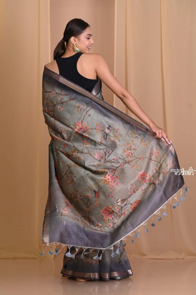 Pehal~ Authentic Silver Stone Grey Moonga Tussar Saree with Sleek Border & Beautiful Floral print. view 3
