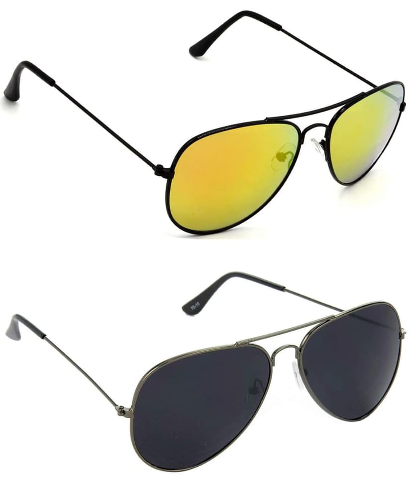 HRINKAR Unisex Pilot Sunglasses Black & Grey Frame, Golden & Black Lens (Medium) - Pack of 2