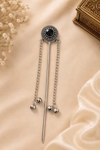 Traditional Oxidised Silver Juda Stick with Black Stone & Dual Chain Tassel Hair Pin for Women