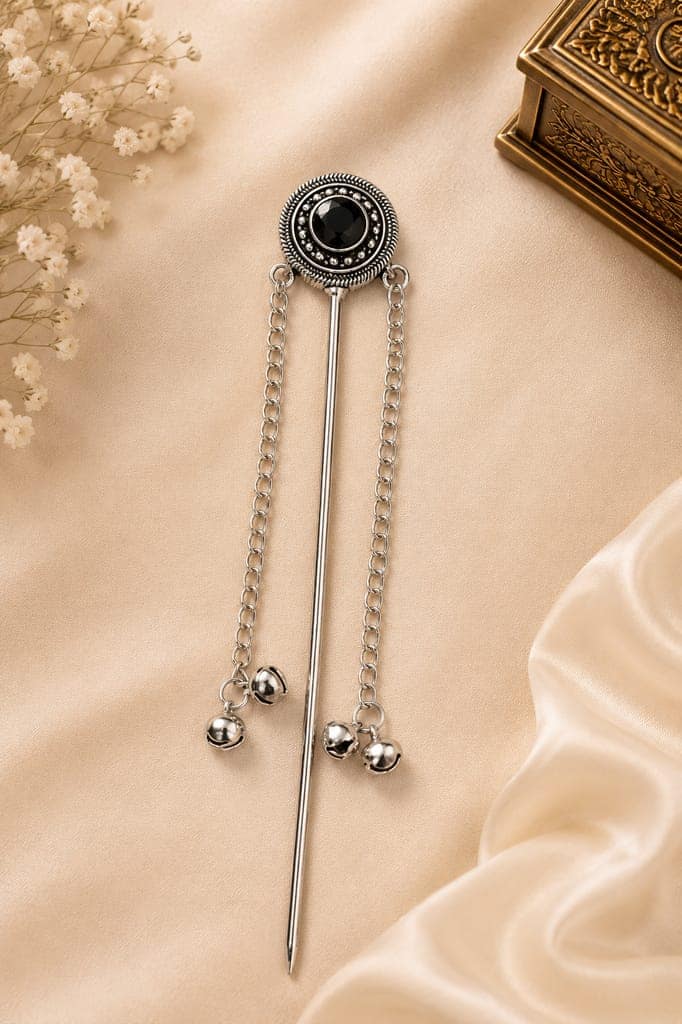 Traditional Oxidised Silver Juda Stick with Black Stone & Dual Chain Tassel Hair Pin for Women