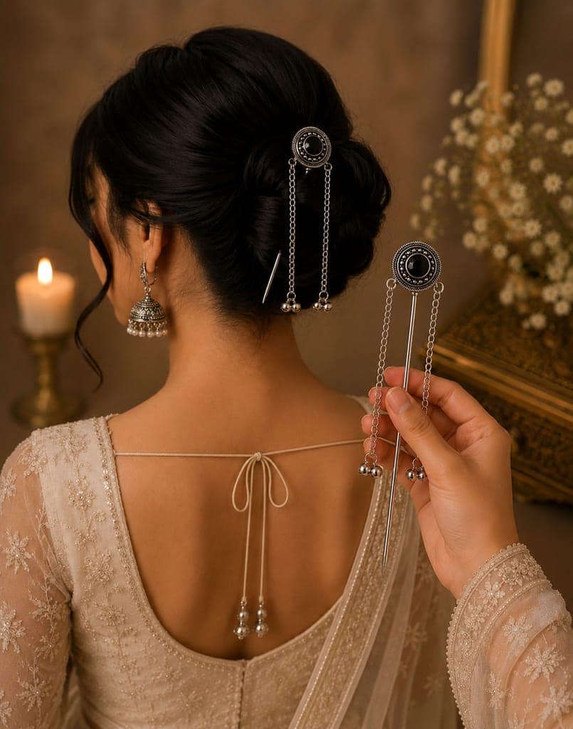 Traditional Oxidised Silver Juda Stick with Black Stone & Dual Chain Tassel Hair Pin for Women view 2