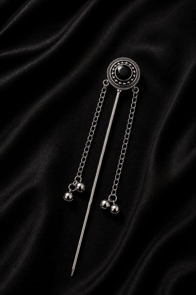 Traditional Oxidised Silver Juda Stick with Black Stone & Dual Chain Tassel Hair Pin for Women view 3