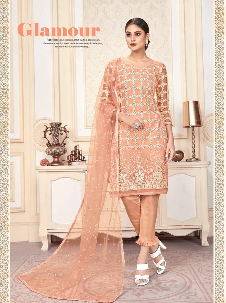 Peach Women Net Heavy Embroidery Work Semi Stitch Dress Material.