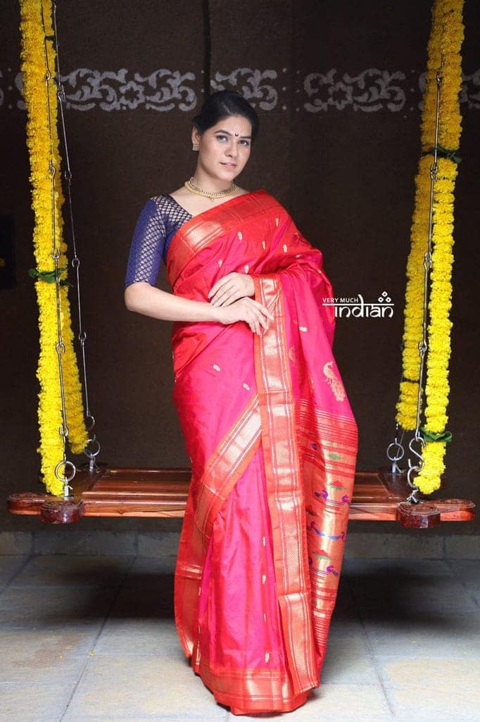 Rajsi~ Traditional Handloom Pure Silk Paithani in Bright Peach Pink with subtle Orange Border and most Traditional Double Pallu with Peacocks view 3