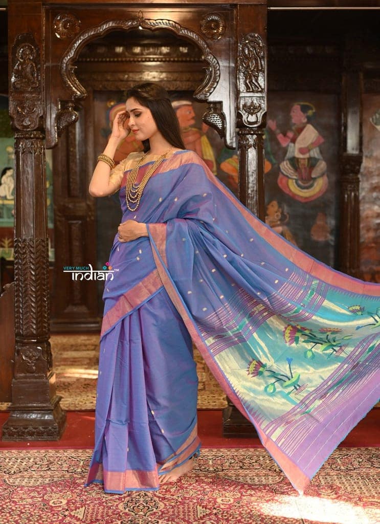 Authentic Handloom Pure Cotton Paithani with Handcrafted Lotus Pallu~ Dual Tone Purple and Pink