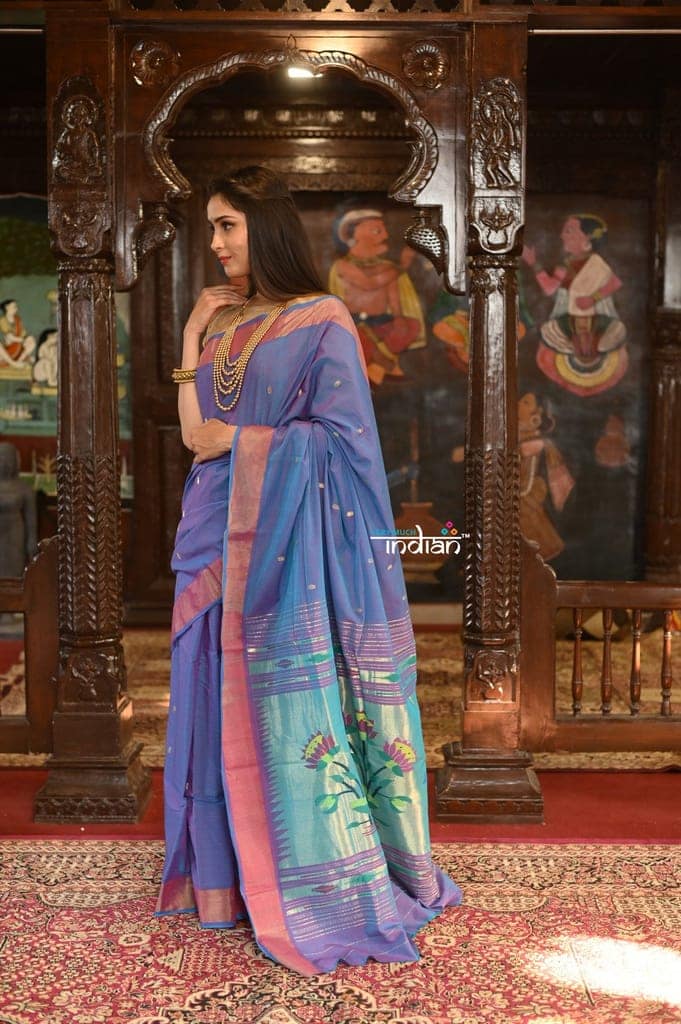 Authentic Handloom Pure Cotton Paithani with Handcrafted Lotus Pallu~ Dual Tone Purple and Pink view 3