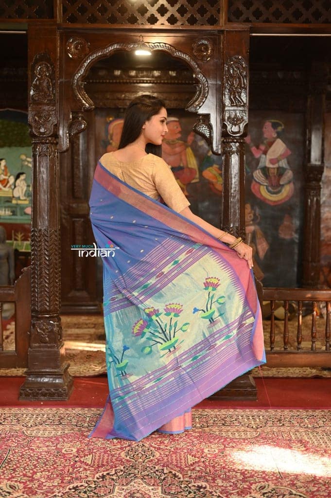 Authentic Handloom Pure Cotton Paithani with Handcrafted Lotus Pallu~ Dual Tone Purple and Pink view 4