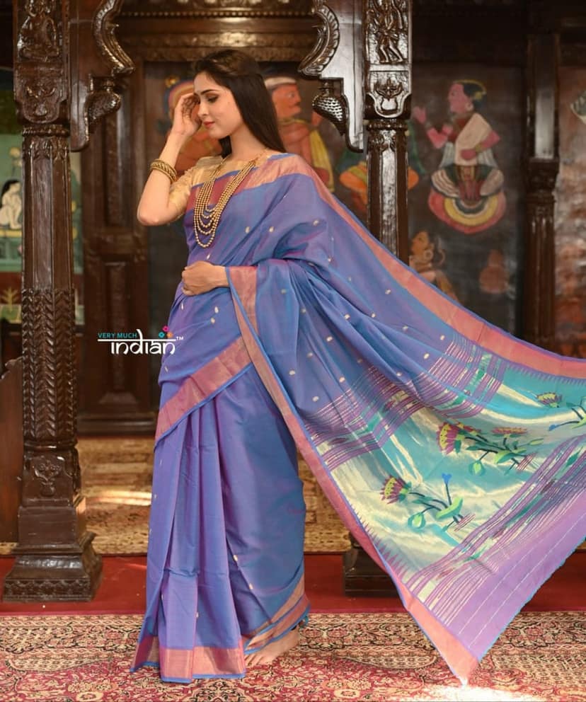 Authentic Handloom Pure Cotton Paithani with Handcrafted Lotus Pallu~ Dual Tone Purple and Pink view 6