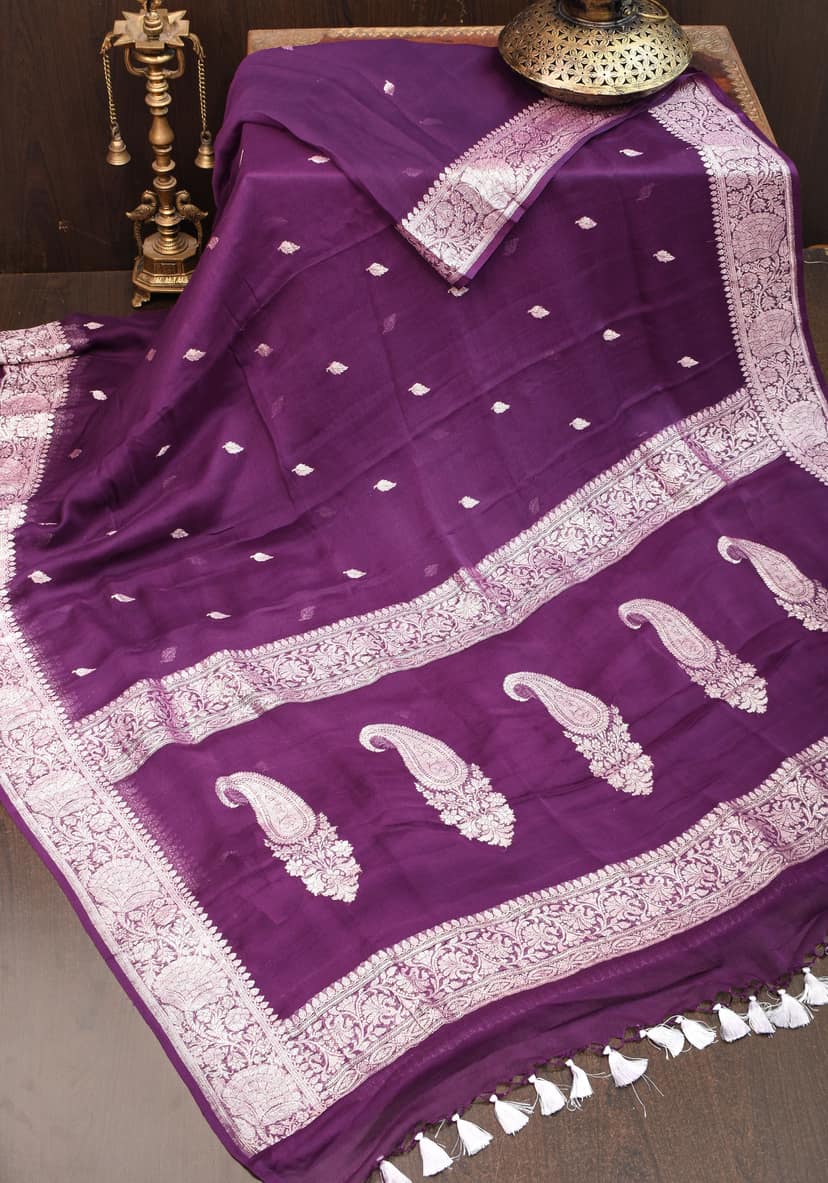 Pure Silk Chiffon Saree in Eggplant Purple with Silver Tone Zari Buttas & Zari Border | SILK MARK CERTIFIED