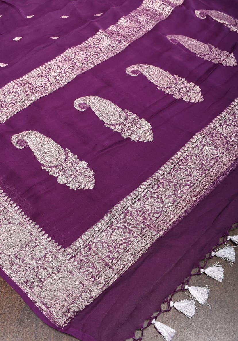 Pure Silk Chiffon Saree in Eggplant Purple with Silver Tone Zari Buttas & Zari Border | SILK MARK CERTIFIED view 2