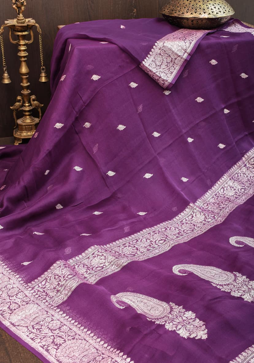 Pure Silk Chiffon Saree in Eggplant Purple with Silver Tone Zari Buttas & Zari Border | SILK MARK CERTIFIED view 3