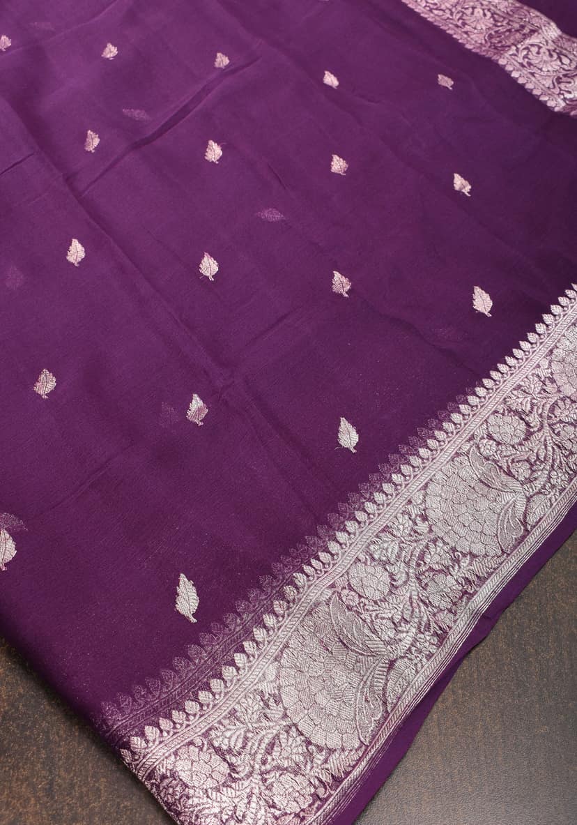 Pure Silk Chiffon Saree in Eggplant Purple with Silver Tone Zari Buttas & Zari Border | SILK MARK CERTIFIED view 4