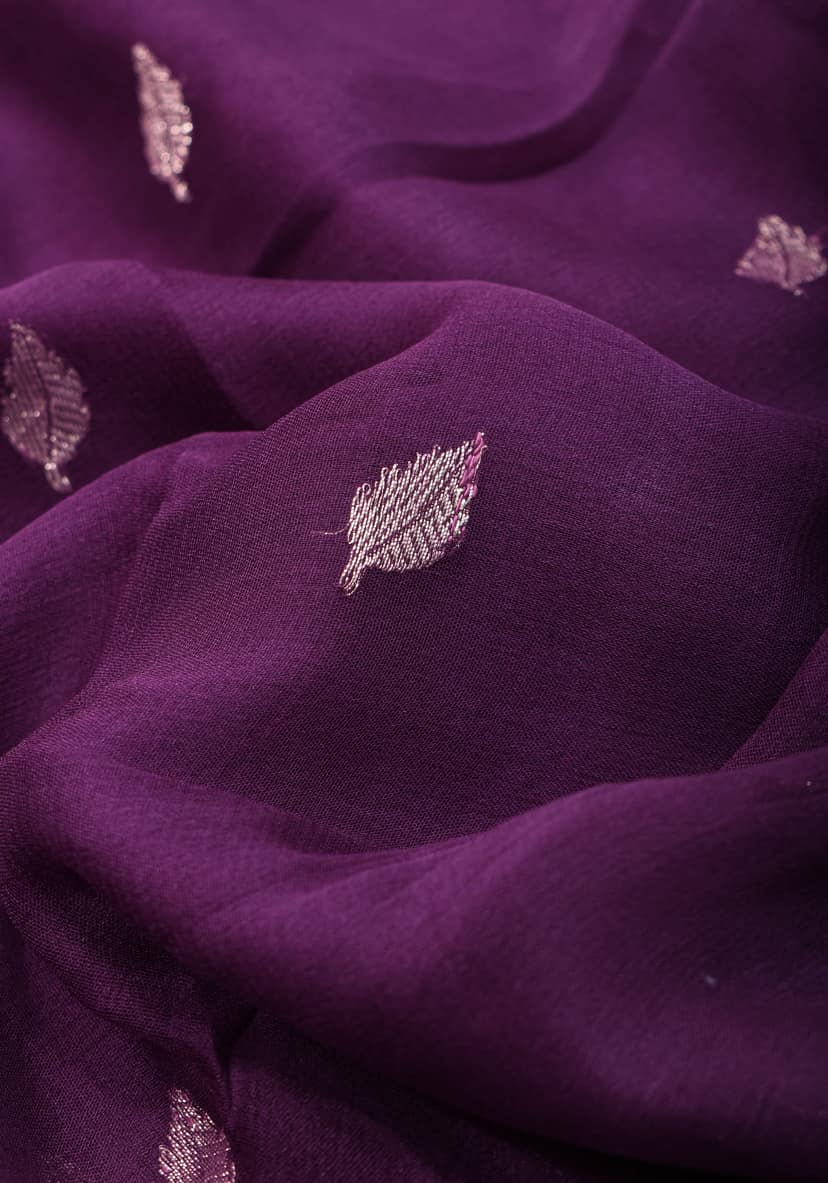 Pure Silk Chiffon Saree in Eggplant Purple with Silver Tone Zari Buttas & Zari Border | SILK MARK CERTIFIED view 5