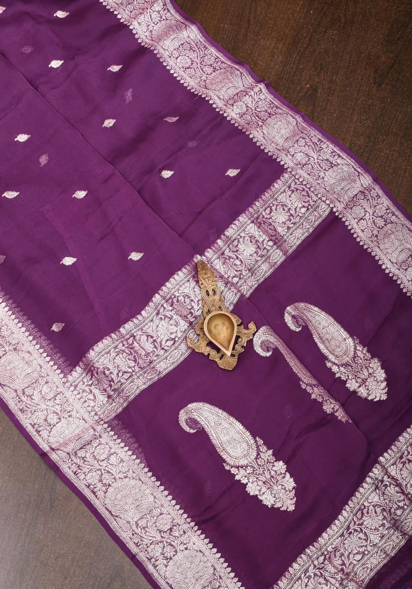 Pure Silk Chiffon Saree in Eggplant Purple with Silver Tone Zari Buttas & Zari Border | SILK MARK CERTIFIED view 6