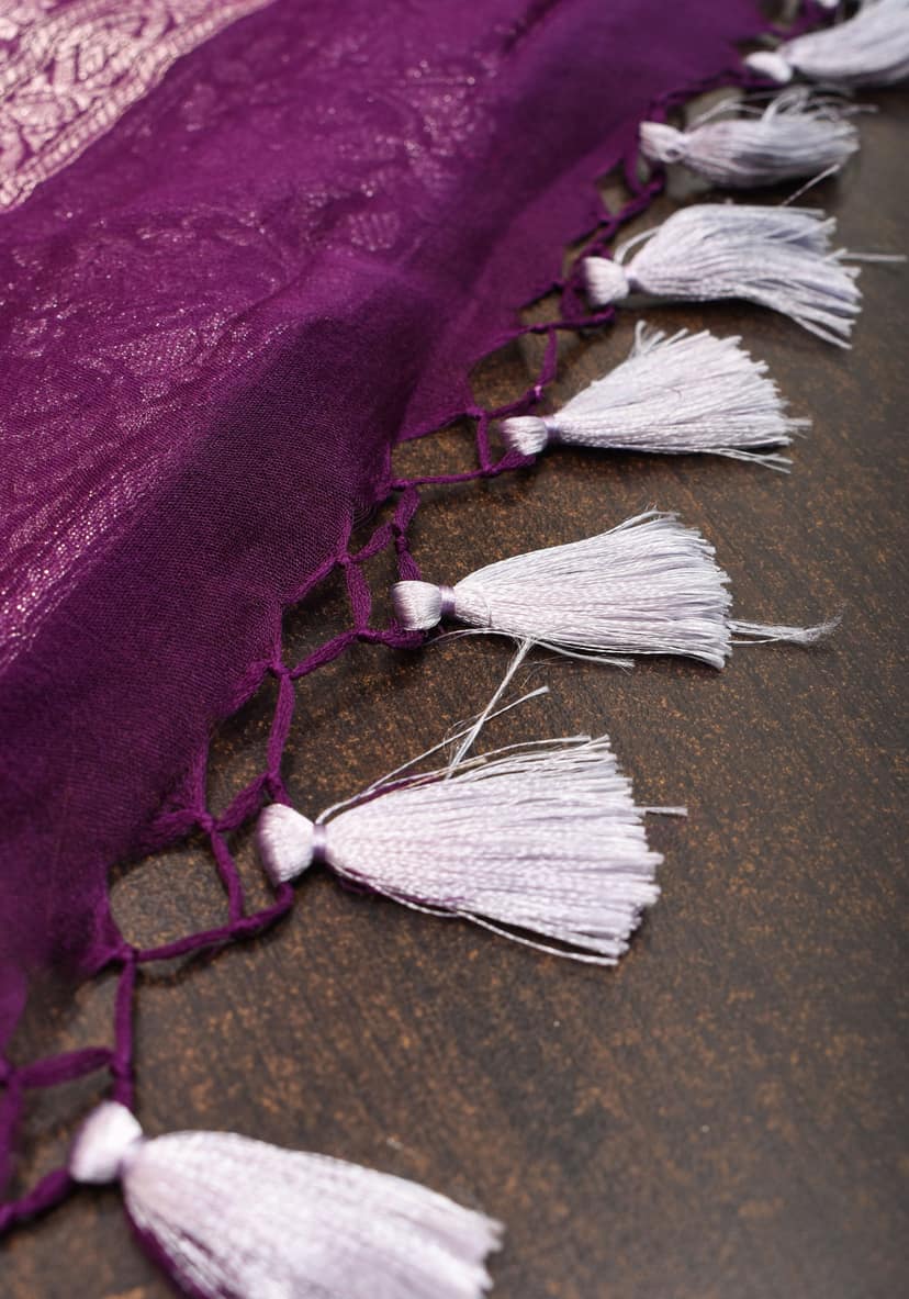 Pure Silk Chiffon Saree in Eggplant Purple with Silver Tone Zari Buttas & Zari Border | SILK MARK CERTIFIED view 8