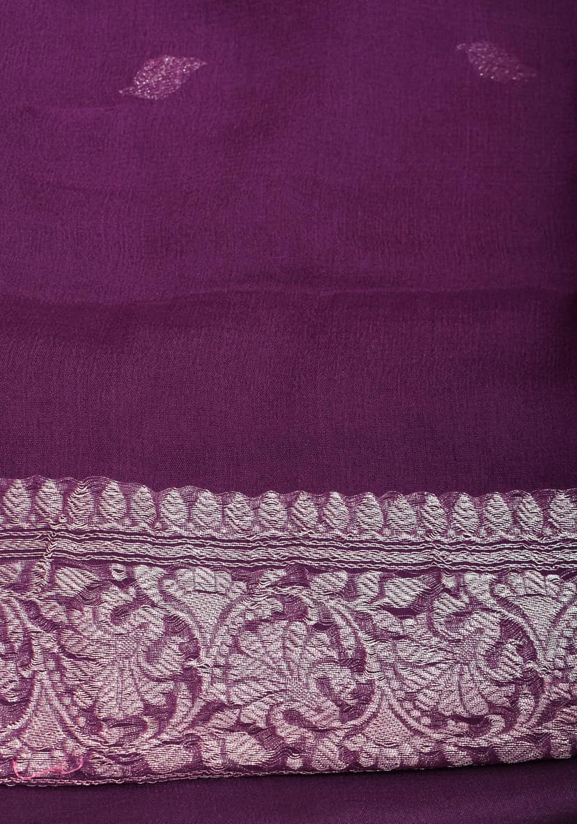 Pure Silk Chiffon Saree in Eggplant Purple with Silver Tone Zari Buttas & Zari Border | SILK MARK CERTIFIED view 9