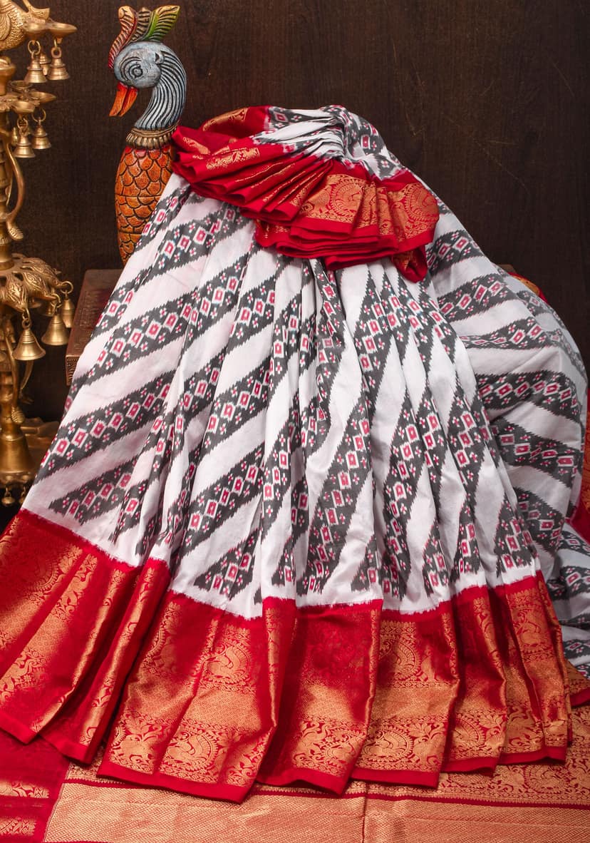 White Ikkat Patola Kanjivaram Fusion Silk Saree with Red Wide Border with ikkat blouse piece | SILK MARK CERTIFIED