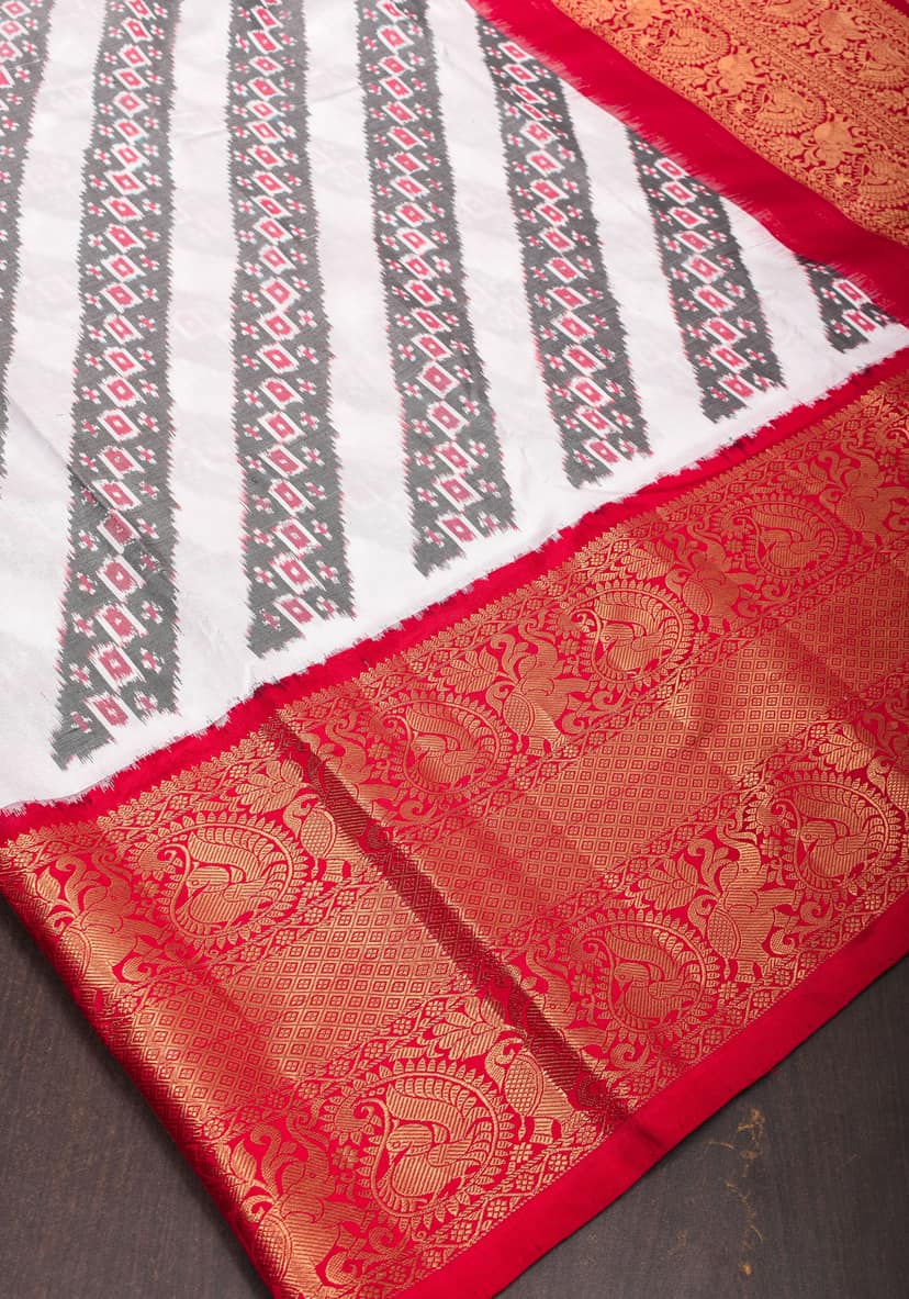 White Ikkat Patola Kanjivaram Fusion Silk Saree with Red Wide Border with ikkat blouse piece | SILK MARK CERTIFIED view 2