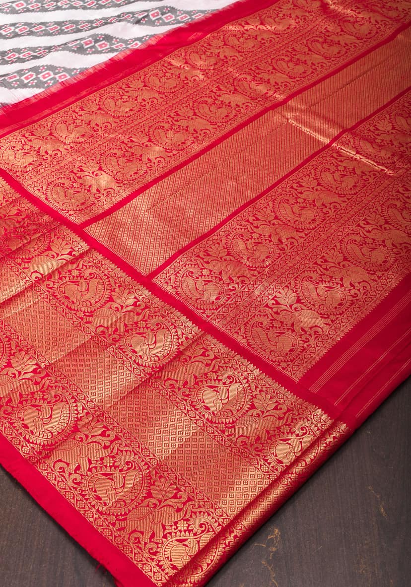 White Ikkat Patola Kanjivaram Fusion Silk Saree with Red Wide Border with ikkat blouse piece | SILK MARK CERTIFIED view 3