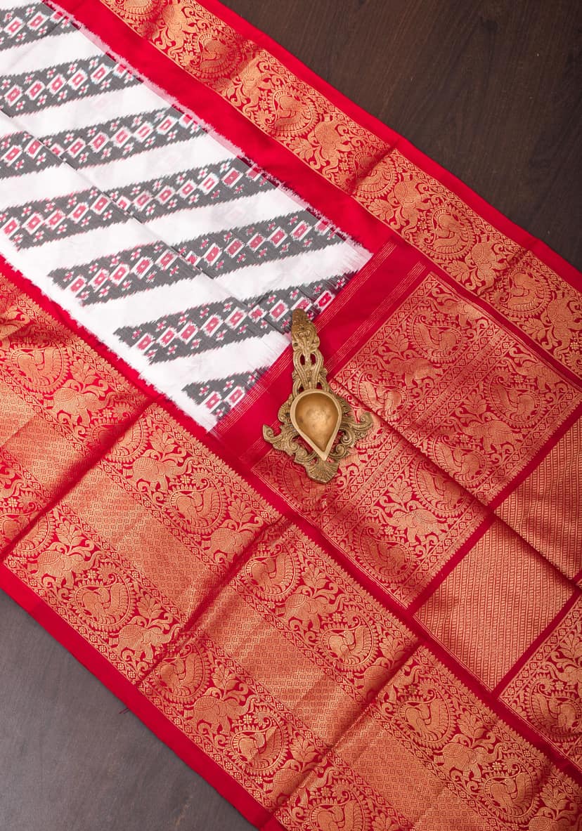 White Ikkat Patola Kanjivaram Fusion Silk Saree with Red Wide Border with ikkat blouse piece | SILK MARK CERTIFIED view 5