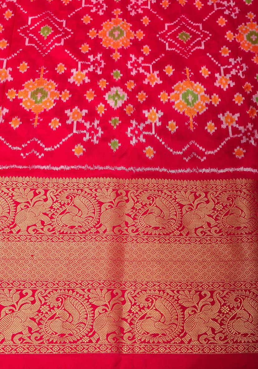 White Ikkat Patola Kanjivaram Fusion Silk Saree with Red Wide Border with ikkat blouse piece | SILK MARK CERTIFIED view 6