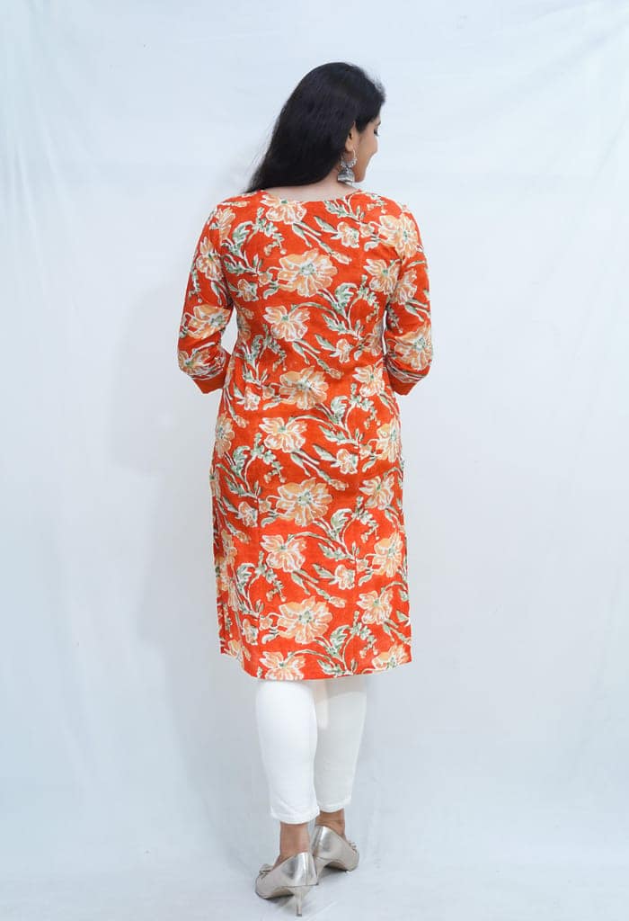 Women's pure cotton hand block floral printed orange kurta view 4