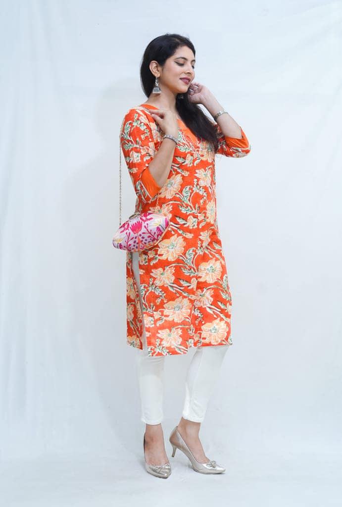 Women's pure cotton hand block floral printed orange kurta view 5