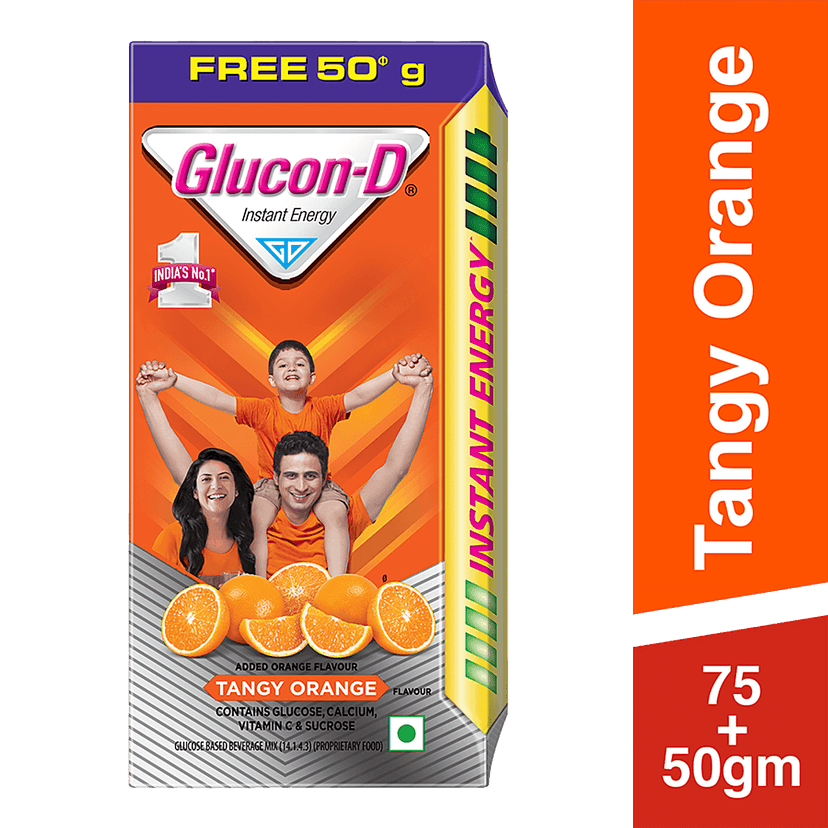 Glucon-D, Orange Flavoured Glucose Based Beverage Mix - 125 G (75G + 50G Free) Carton