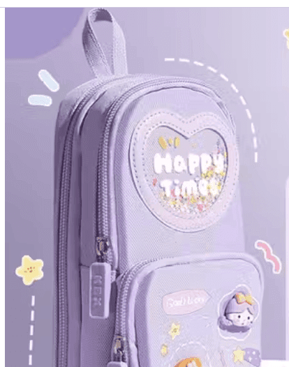 Kawaii Kids Pencil Pouch with Cartoon Eraser Pen Set – Cute Purple School Stationery Combo for Girls
