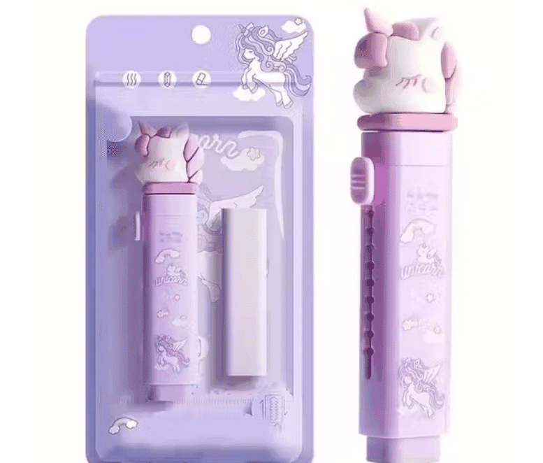 Kawaii Kids Pencil Pouch with Cartoon Eraser Pen Set – Cute Purple School Stationery Combo for Girls view 2