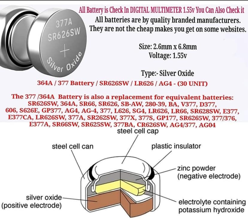 Exelent 50-Pack Sr626sw Universal Watch Battery Cells 364A, 376, 377A, SR626SW, LR626, 377, LR626, AG4, 1.5V Alkaline Button Batteries -Suitable Small Analog Watches (Pack of 50) view 3