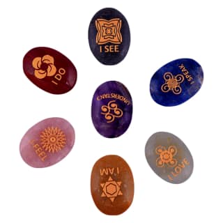 Seven Chakra Affirmation Healing Crystal English Symbol Witches Rune 7 Set Oval Chakra Stones(KI_10) by Krishna Impex
