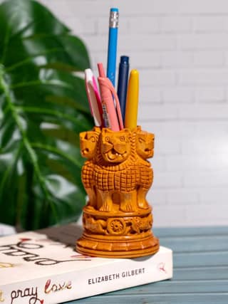 Wooden Ashoka Pillar Pen Stand Handicraft