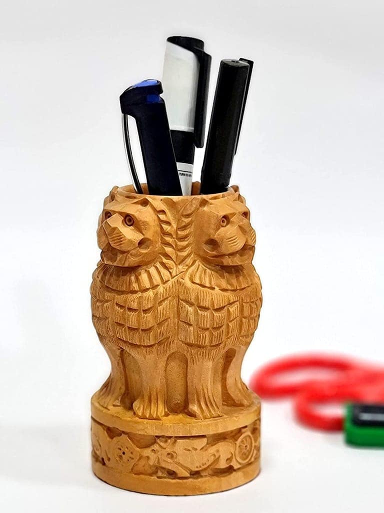 Wooden Ashoka Pillar Pen Stand Handicraft view 3