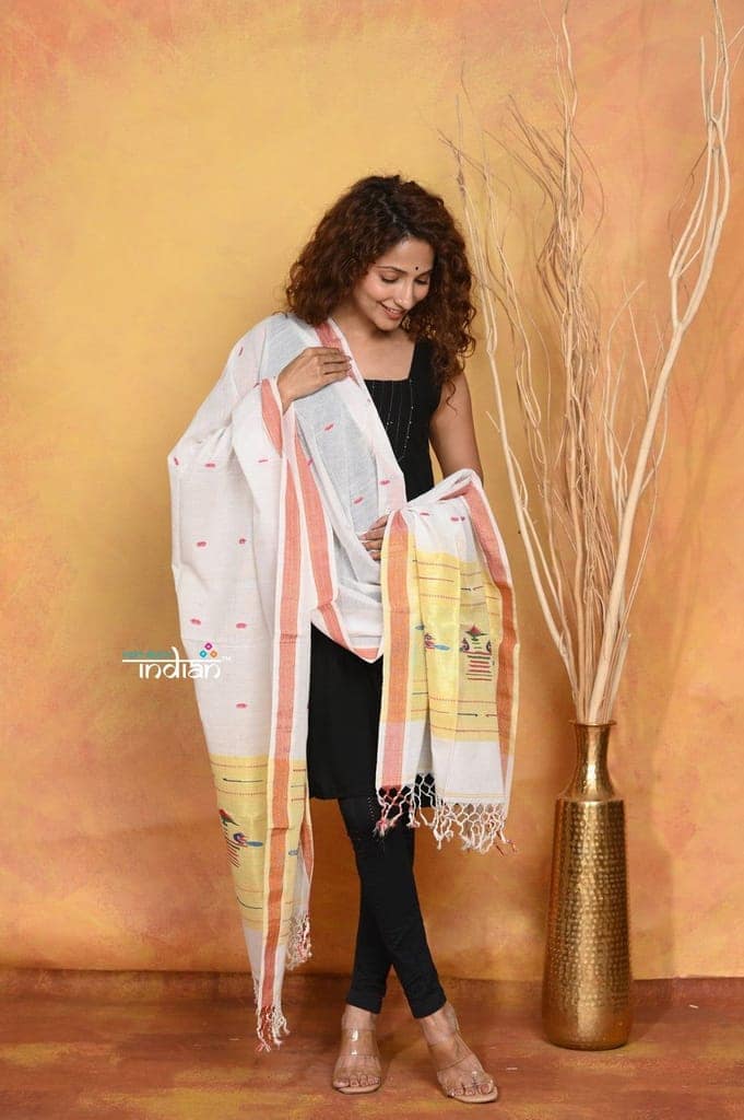 Mastaani ~ Handloom Pure Cotton Paithani Dupatta With Beautiful Handweave and Tassels ~ White view 3