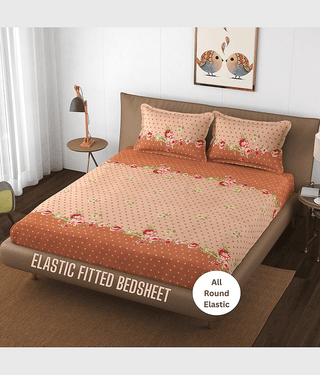Apala Microfibre Abstract Printed Fitted Double Bedsheet With 2 Pillow Covers- Brown
