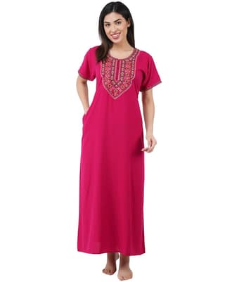 KOI SLEEPWEAR Premium Women Embroidery Night Gown Lizzybizzy with Mirror Work Cotton Nighty Maxi (Large, Pink)�