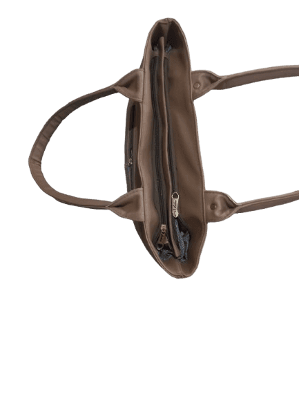 Brown Faux Leather Hand Bag with Double Handles and Zip Closure view 2