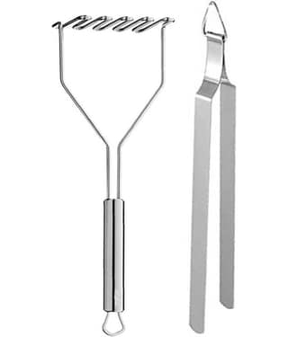 JISUN K7L Stainless Steel Potato Masher/Pav Bhaji Masher/Vegetable Masher And Tong Roti Sekne Chimta Silver Kitchen Tool Set (Silver)