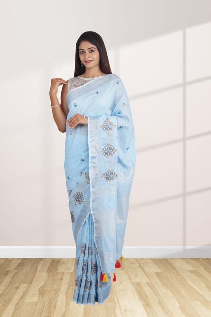 Sky Blue Linen Saree With Modish Work