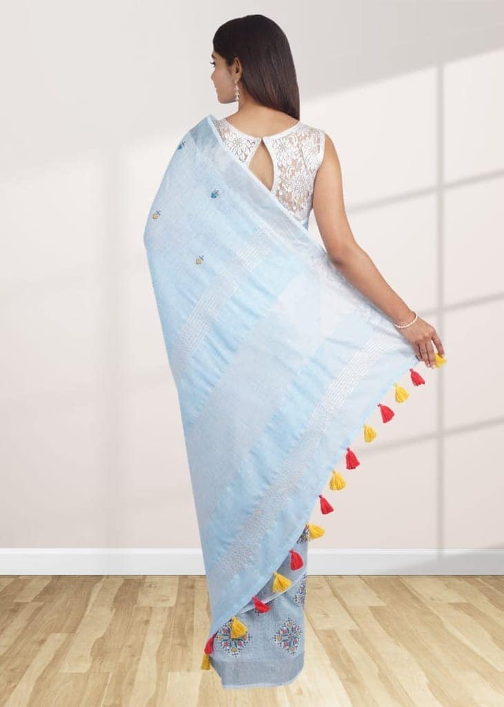 Sky Blue Linen Saree With Modish Work view 2