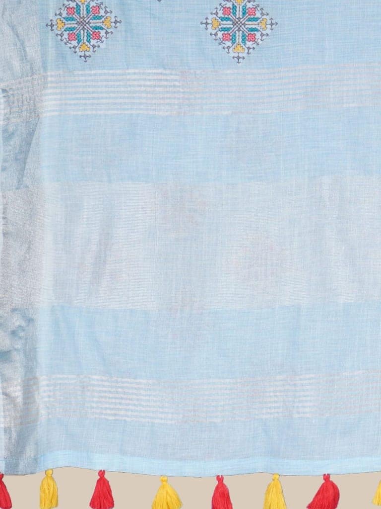 Sky Blue Linen Saree With Modish Work view 3