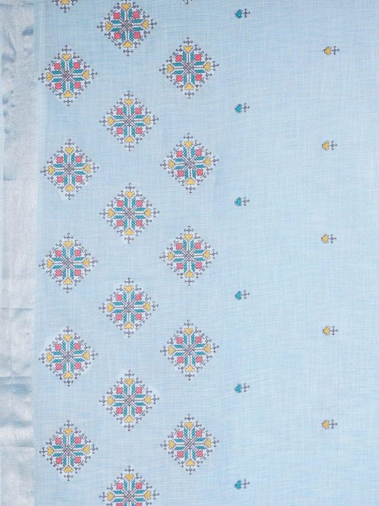 Sky Blue Linen Saree With Modish Work view 4