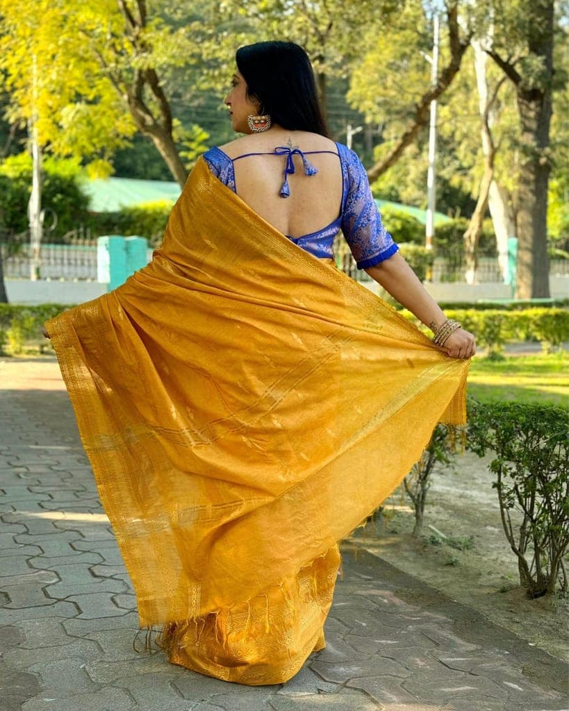 Katan Silk Saree Yellow Color Banarasi Weaves with running blouse-6127 view 3