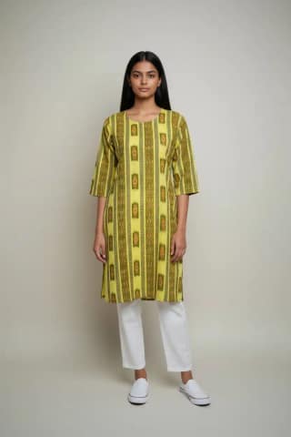 Handwoven Sambalpuri Cotton Kurti in Green and Yellow with Bandhakala