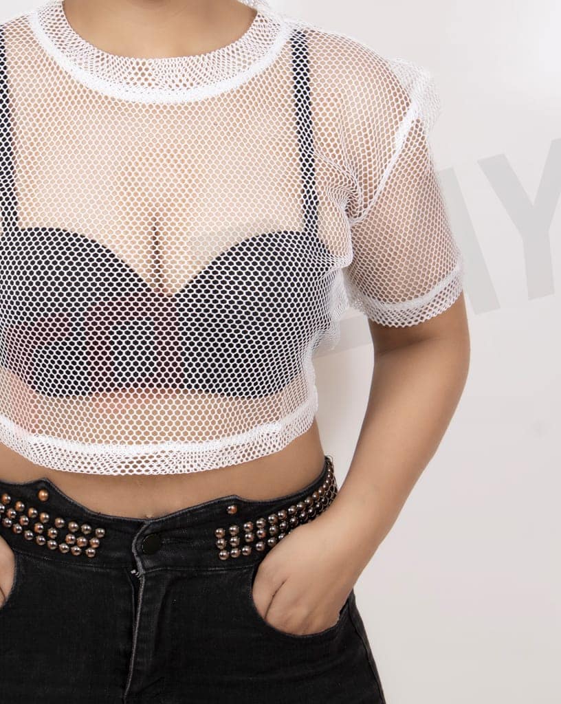White Oversize Off Shoulder See Through Half Sleeves Fishnet Cropped Western Cover up Top view 4