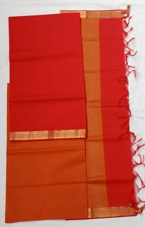 Red and Orange Cotton Dress Material withv Dupatta view 2