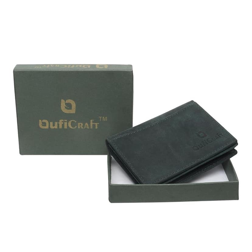 QufiCraft Genuine Leather Card Holder Wallet | Credit/Debit Card/Slim Minimalist | Office ID for Mens and Boys (Multiple Card Slots) (1 ID Card Slots) (Green) view 5